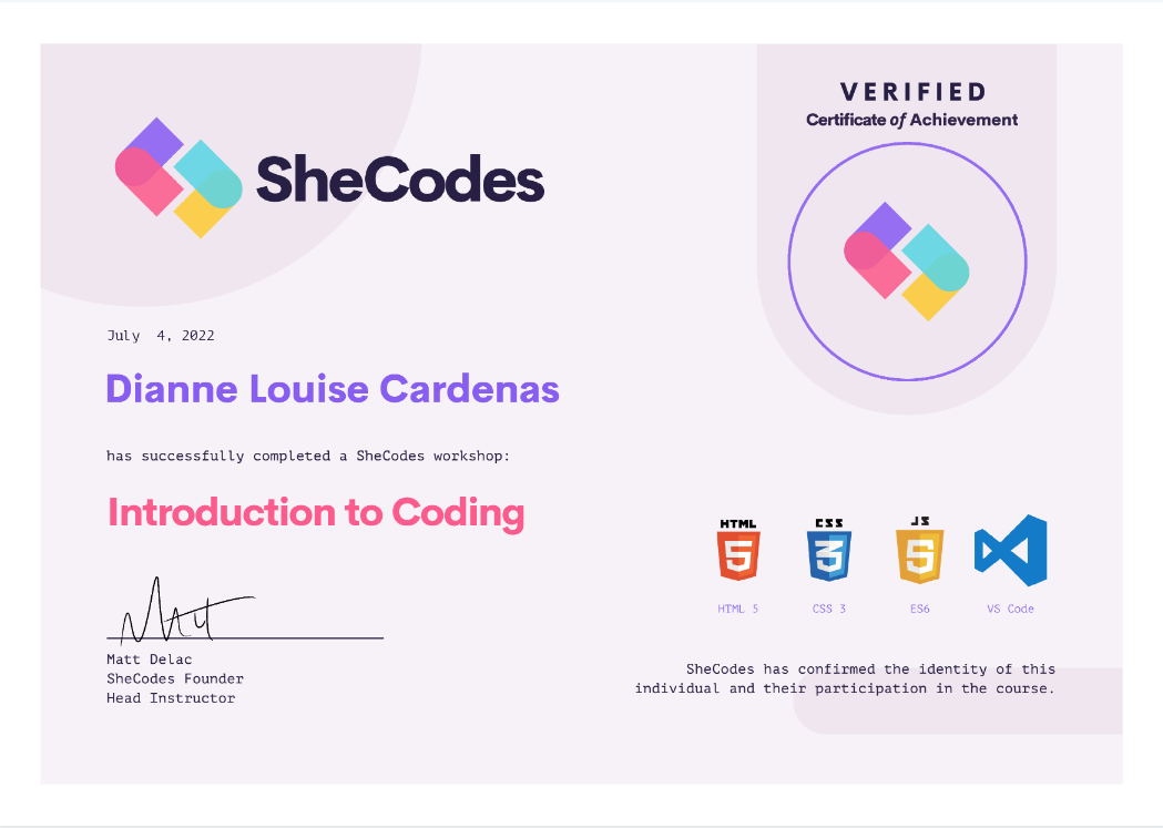 SheCodes Basics certificate | Introduction to Coding