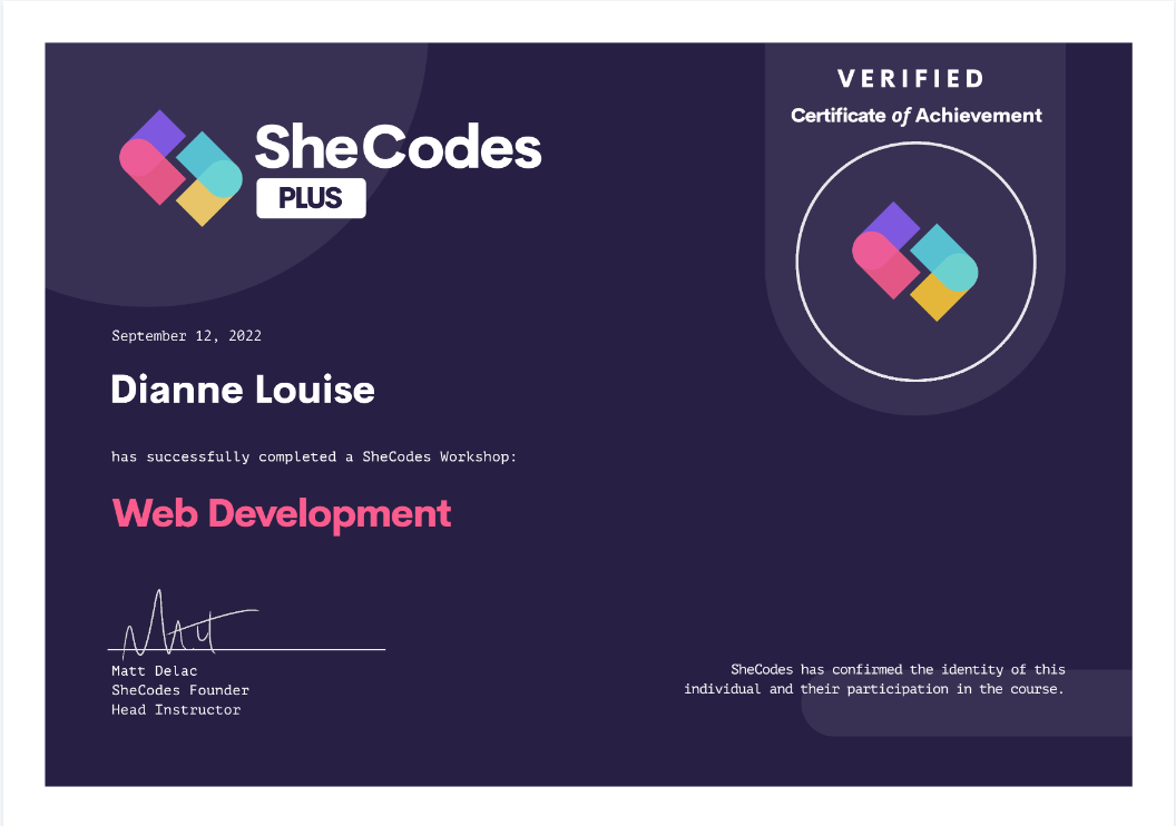 SheCodes Plus certificate | Web development